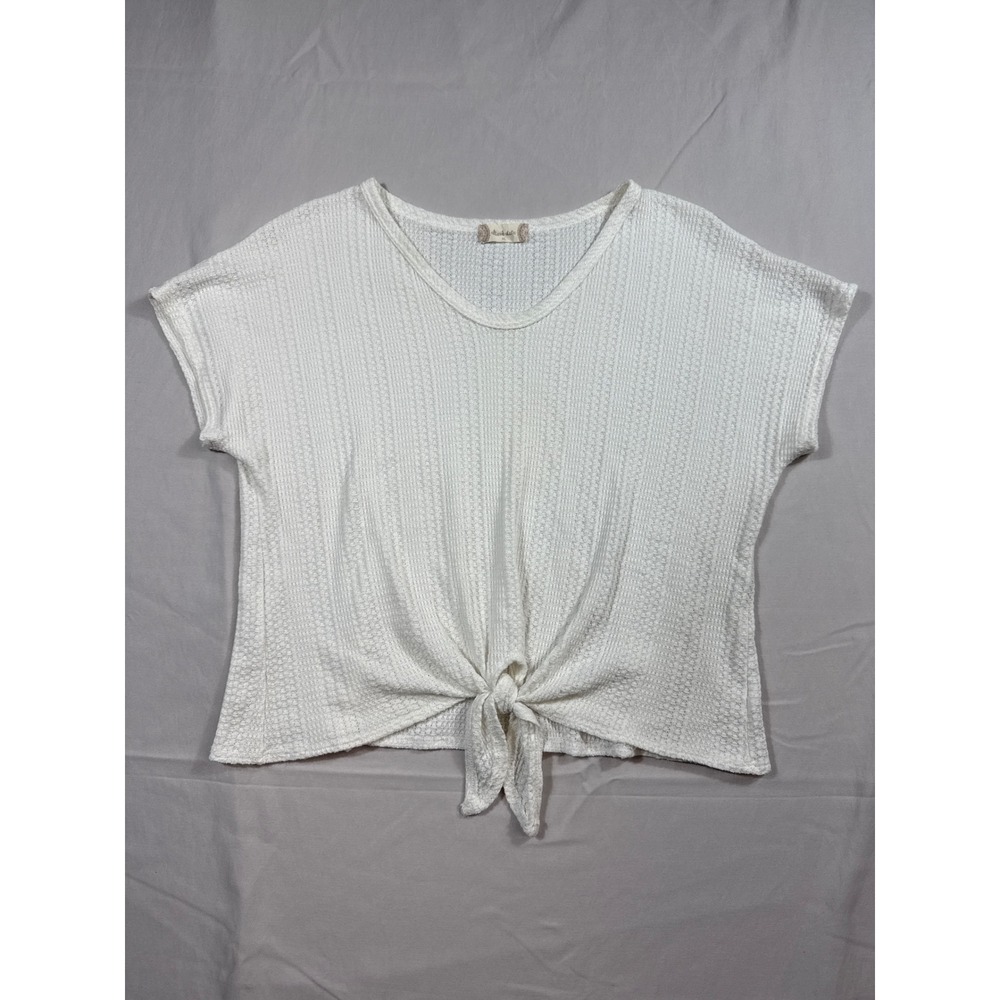 Altar'd State Womens XL White Waffle Knit Front Tie Short Sleeve V-Neck Top